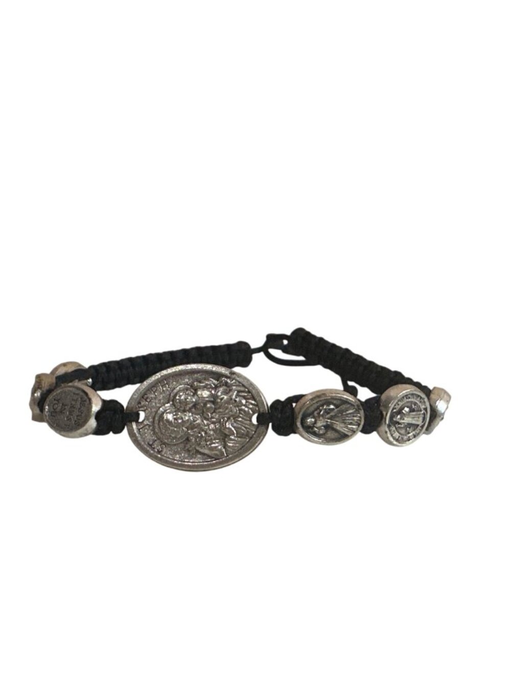 Saint Joseph Bracelet Medal Adjustable Black Macrame Religious Silver-Tone